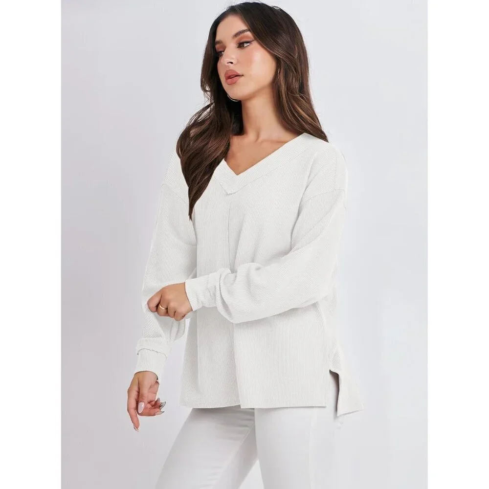 Oversized Women's Long Sleeve Shirt Off Shoulder V Neck Tunic Casual Top